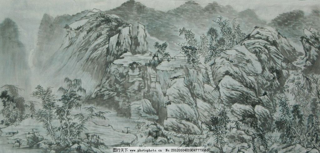 写意画 彩墨山水画 风景画 国画写意 墨迹 水墨画 绘画 树木 桥 植物
