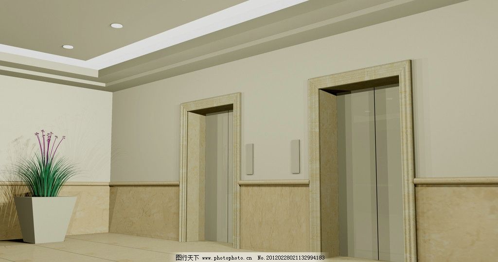 电梯间 3d max 电梯大堂 大理石 花线 瓷砖 拼画 花盆 植物 吊顶 室内