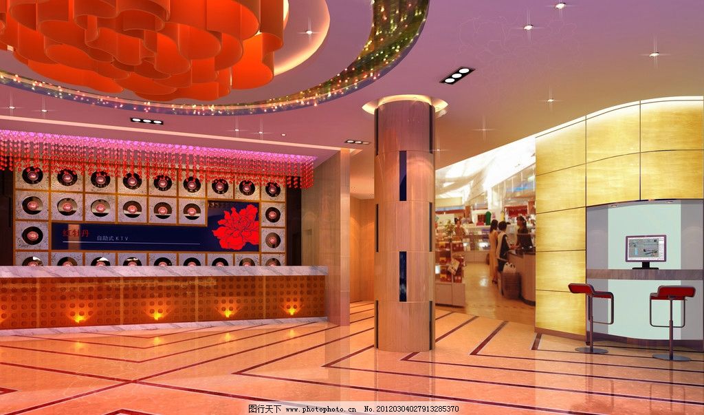 KTV 大堂 装修 装饰 娱乐 收银台 大厅 柜台 吧椅 厦门 红牡丹 大型自助式KTV设计效果图 室内设计 环境设计 设计 150DPI JPG