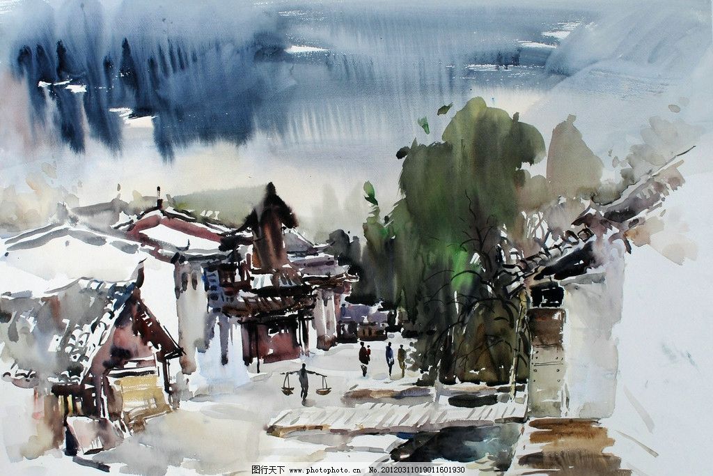 水乡古镇 美术 水彩画 风景画 乡镇 房屋 民居 行人 水桶 树木