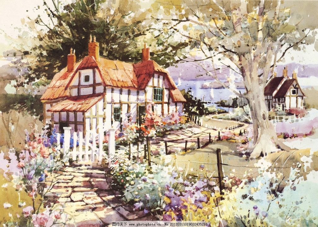 小屋 色彩 绘画 水粉 水彩画 屋子 房子 树 小路 油画 素描系列 绘画