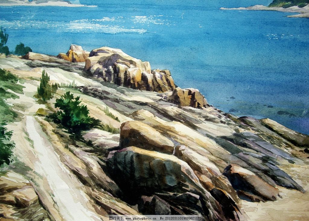 海滩 美术 水彩画 风景画 海岸 海边 石滩 海水 水彩画艺术