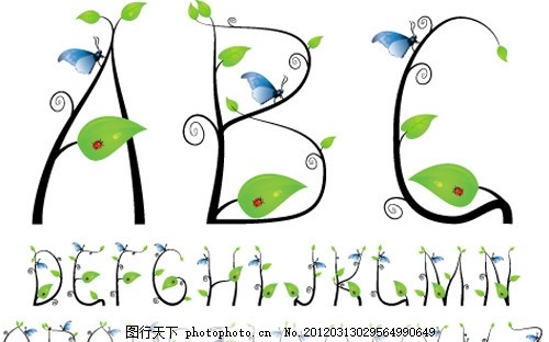 叶子卡通字母,春天卡通字母 英语字母 小草 小花
