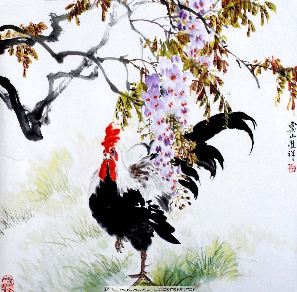 紫藤美术中国画水墨画花鸟画紫藤花麻雀国画艺术国画集63_三利网