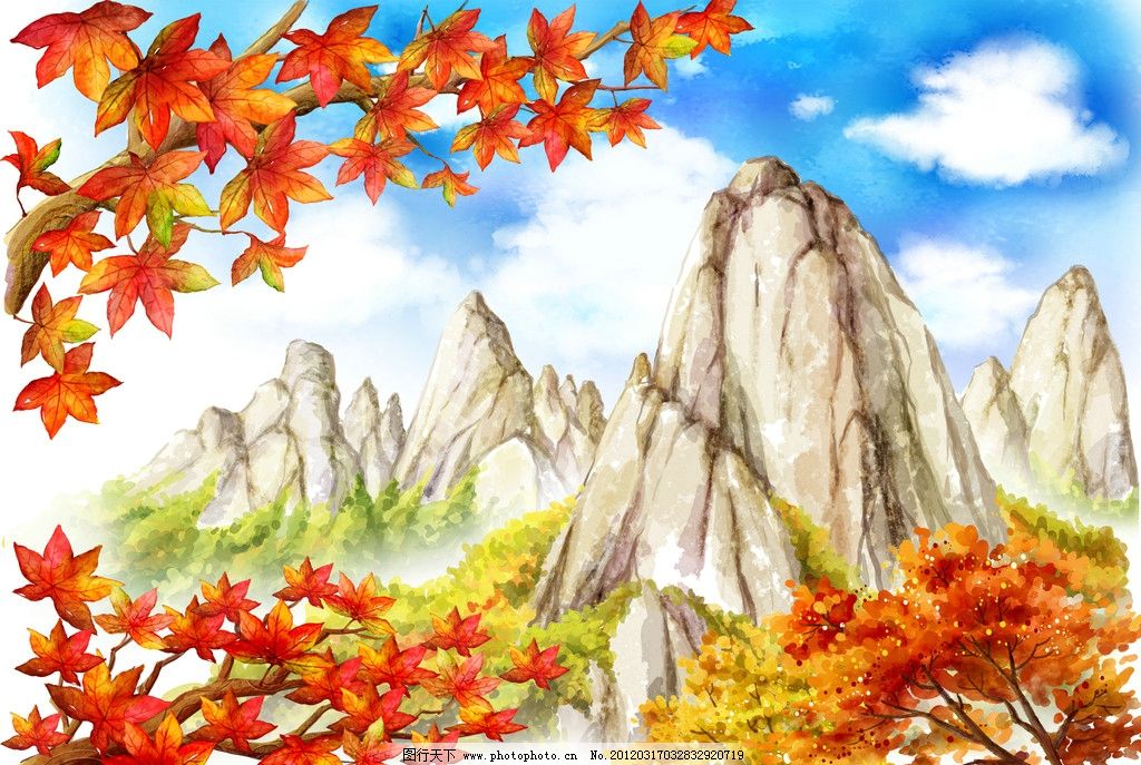 手绘 风景 插画 韩国 风景插画 季节 四季 季节背景 水彩画 油画 韩国手绘 美景 田园绘画 乡村 村庄 自然风景 秋天 秋季 蓝天 山坡 山峰 枫叶 枫树 红叶 PSD分层素材 源文件 300DPI PSD