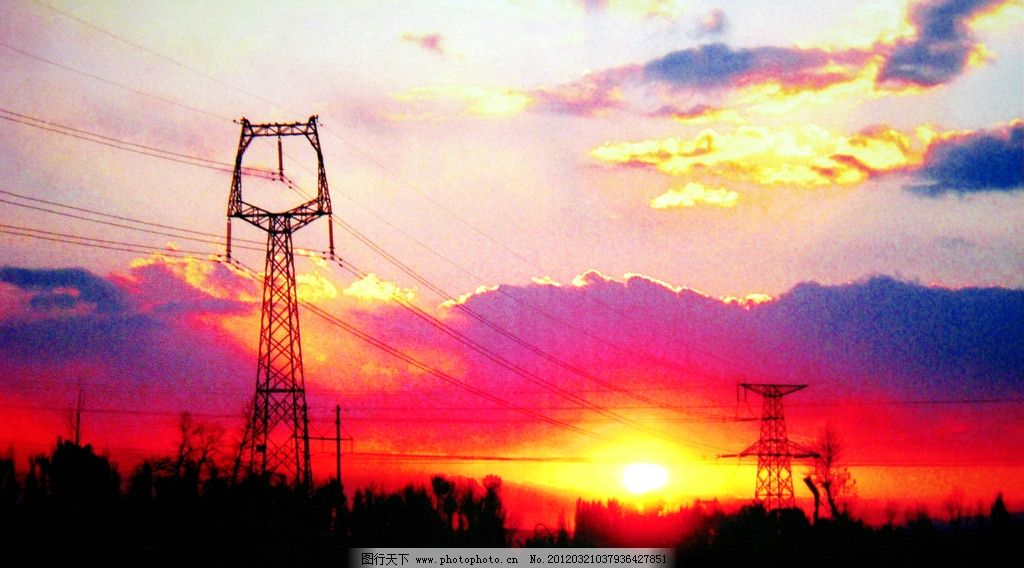 黄昏时刻图片,天空 电力 电压 效区 高压线 工业